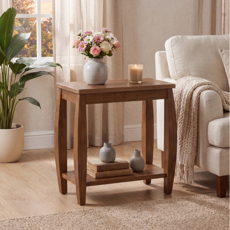 Brown Solid Wood End Table, 2-Tier FarmhouseNarrow Side Table