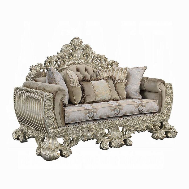 Esen Ornate Loveseat, 5 Accent Pillows, Gold , Tufted Brown Velvet