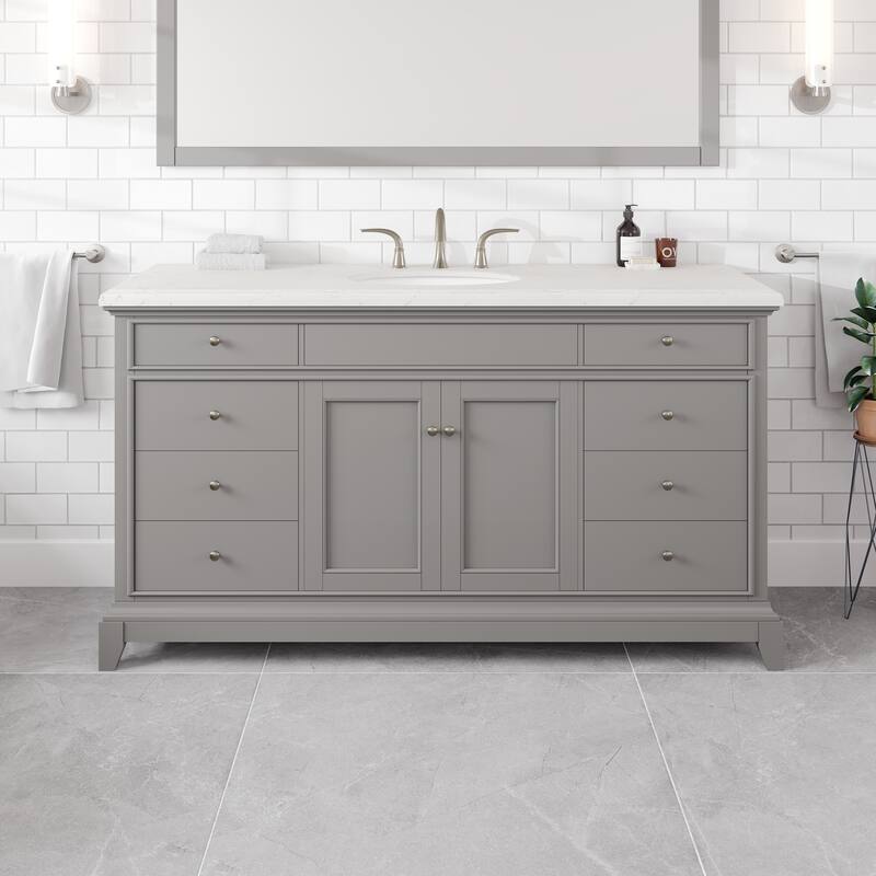 Elite Stamford Bath Vanity with Carrara Quartz Top and Porcelain Sink - 60" - Single - Grey