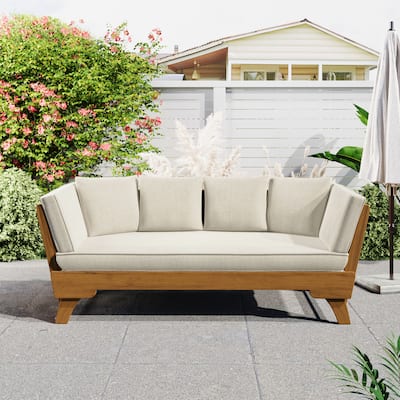 Roomfitters Outdoor Patio Daybed Sofa with Foldable Armrests, 3-Seat Acacia Wood Frame, Removable Beige Cushions