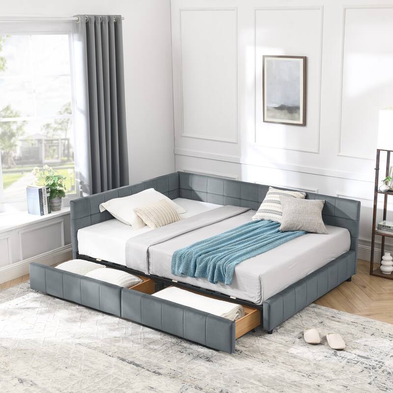 L-shaped Velvet Upholstered Daybed Tufted Sofa Bed with Soft Backrest Armrests - and Optional Corner Storage Day Bed