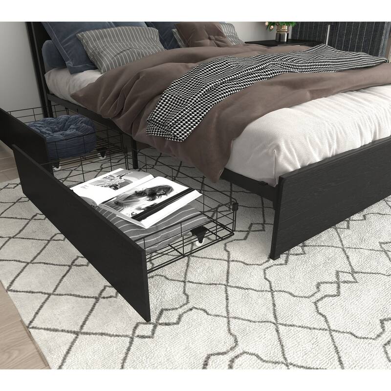 Full Size Storage Bed Frame with LED Lights, USB Charging & 4 Drawers, Easy Assembly, Noise-Free