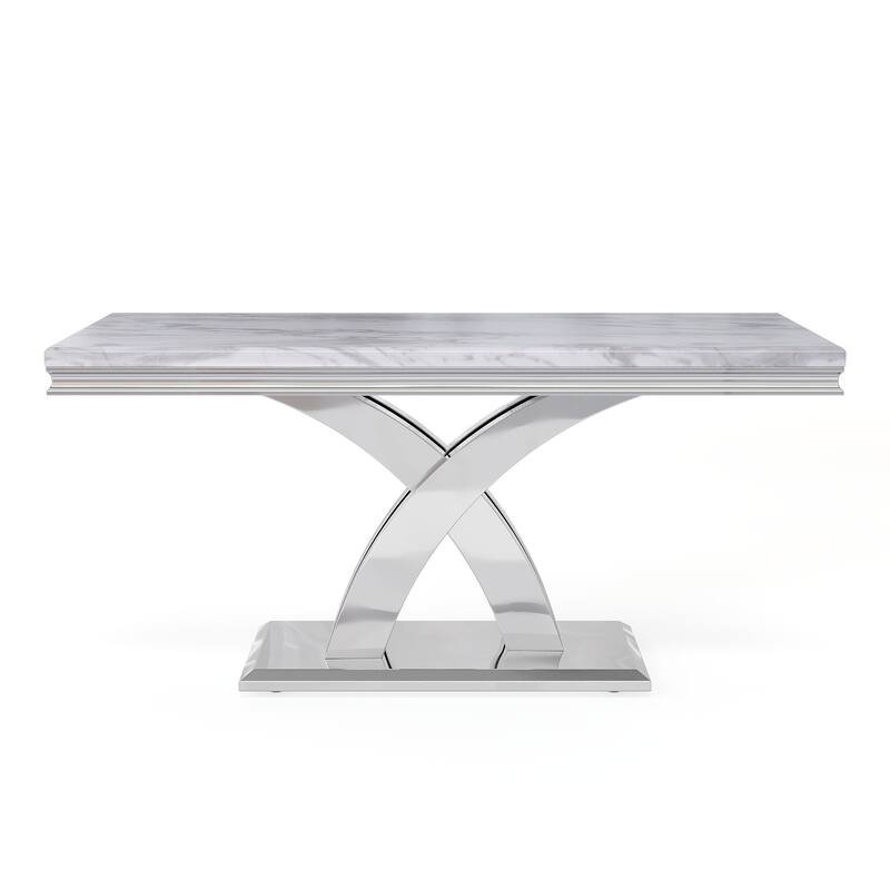 White Dining Room Table with Mirrored Silver Metal Cross Base - Silver