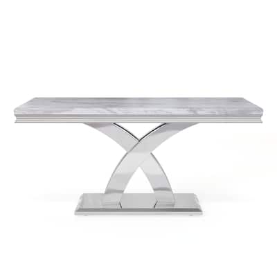 White Dining Room Table with Mirrored Silver Metal Cross Base
