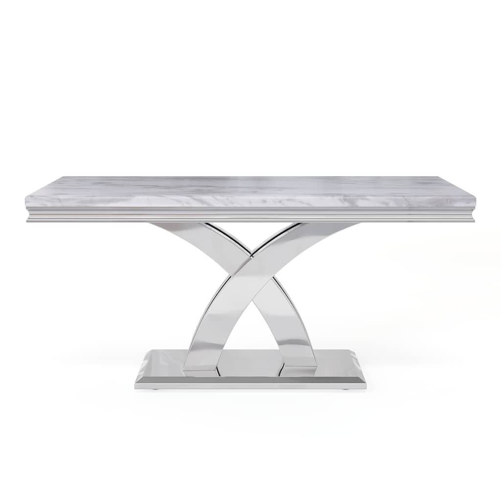 White Dining Room Table with Mirrored Silver Metal Cross Base