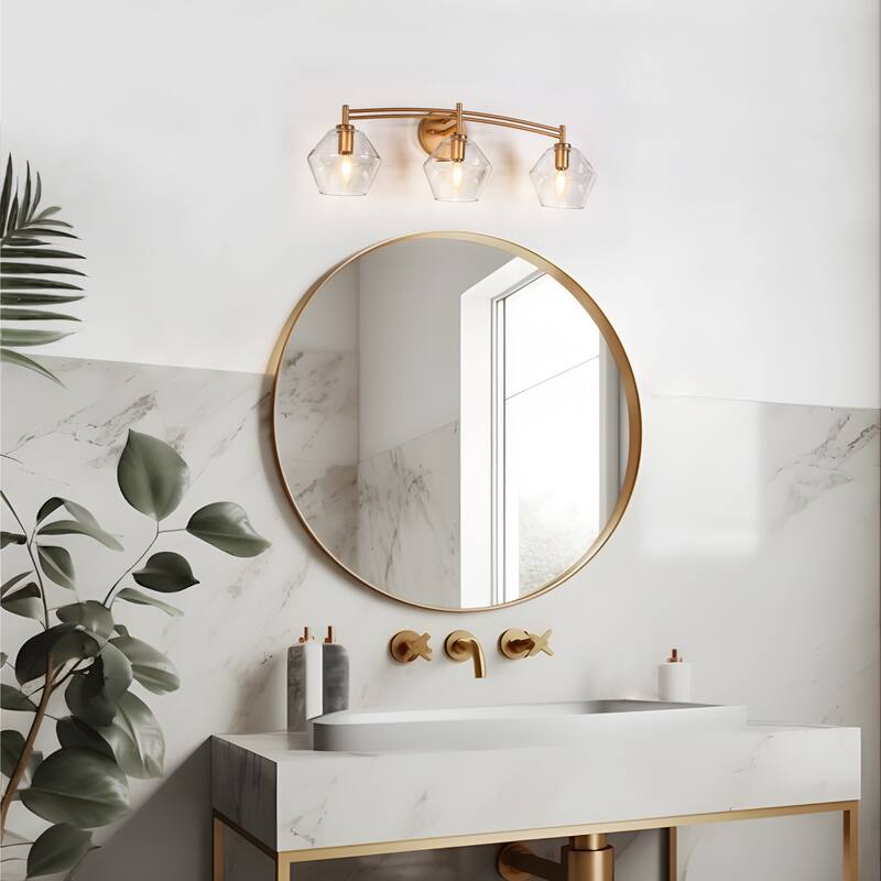 Modern Gold 3-Light Bathroom Vanity Lights Clear Glass Wall Sconces - L26" x H9.1"