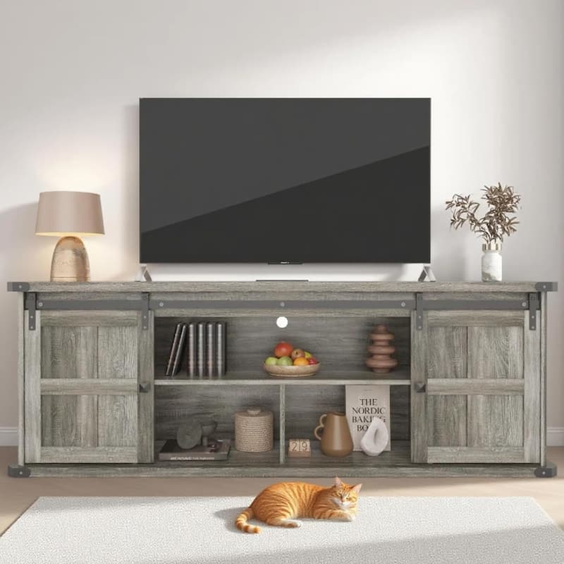 Mid Century Entertainment Center TV Stand for 77 Inch TVs with Storage Cabinets for Living Room - N/A - Grey