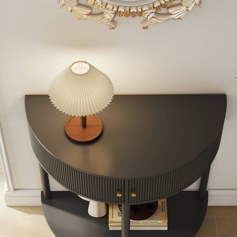 Wave-Pattern Console Table with Dark Gray Finish,Unique Half Moon Design End Table with 2 Storage Drawers and Bottom Shelf