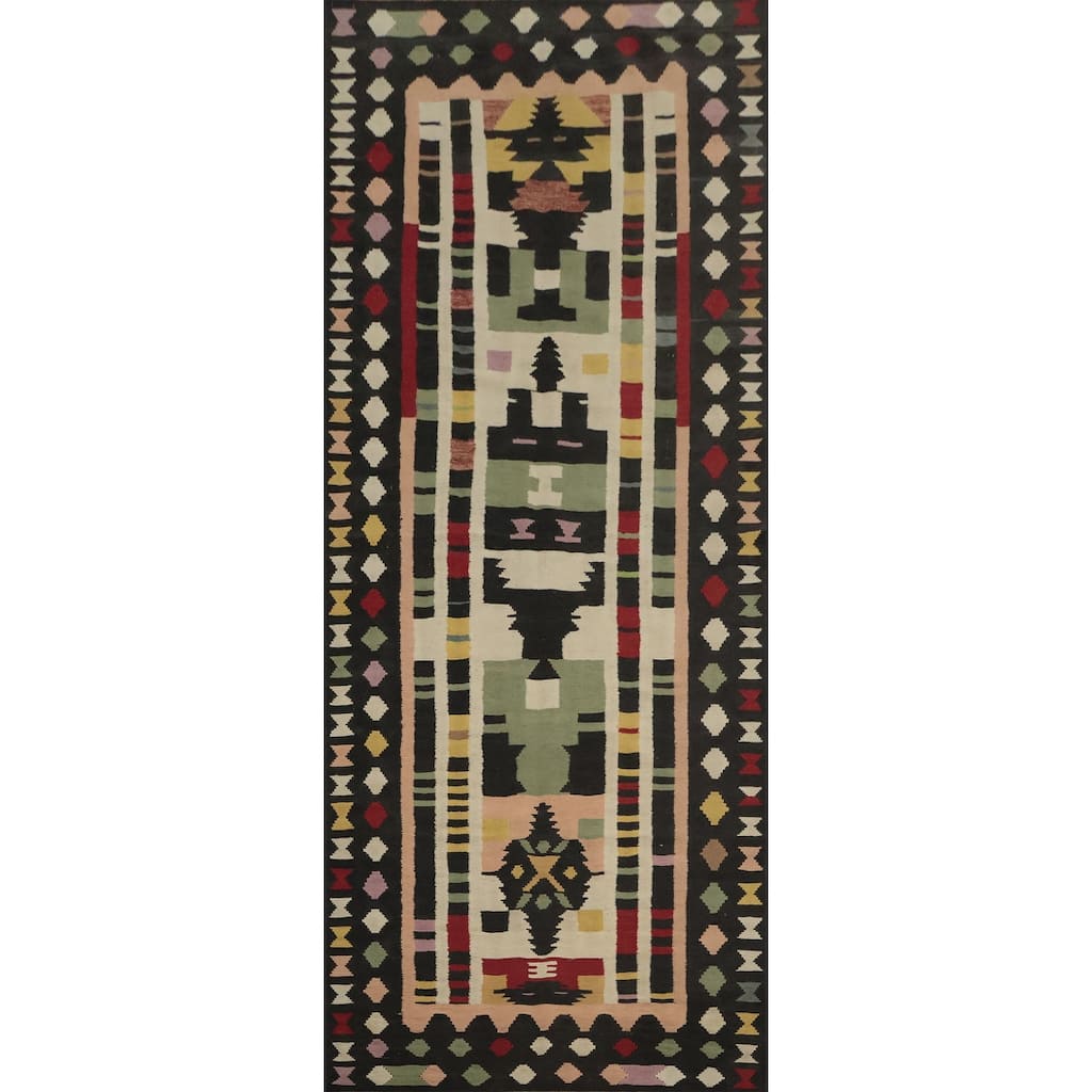 Hand Woven Oriental 100% Wool Carpet Southwestern Tribal Multi-Colored Kilim Runner Rug - 12' 1'' X 4' 1''