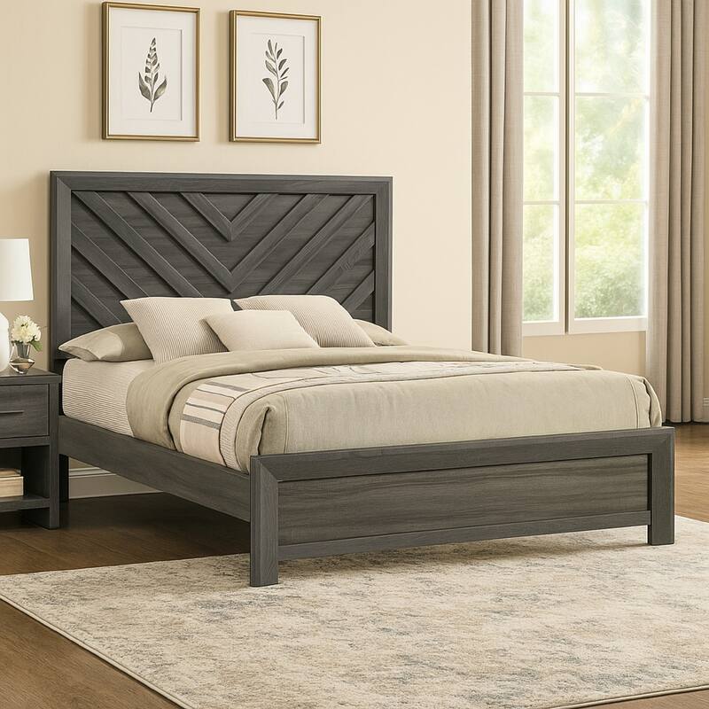 Velz Twin Size Bed w Chevron Patterned Headboard, Dark Gray Wood