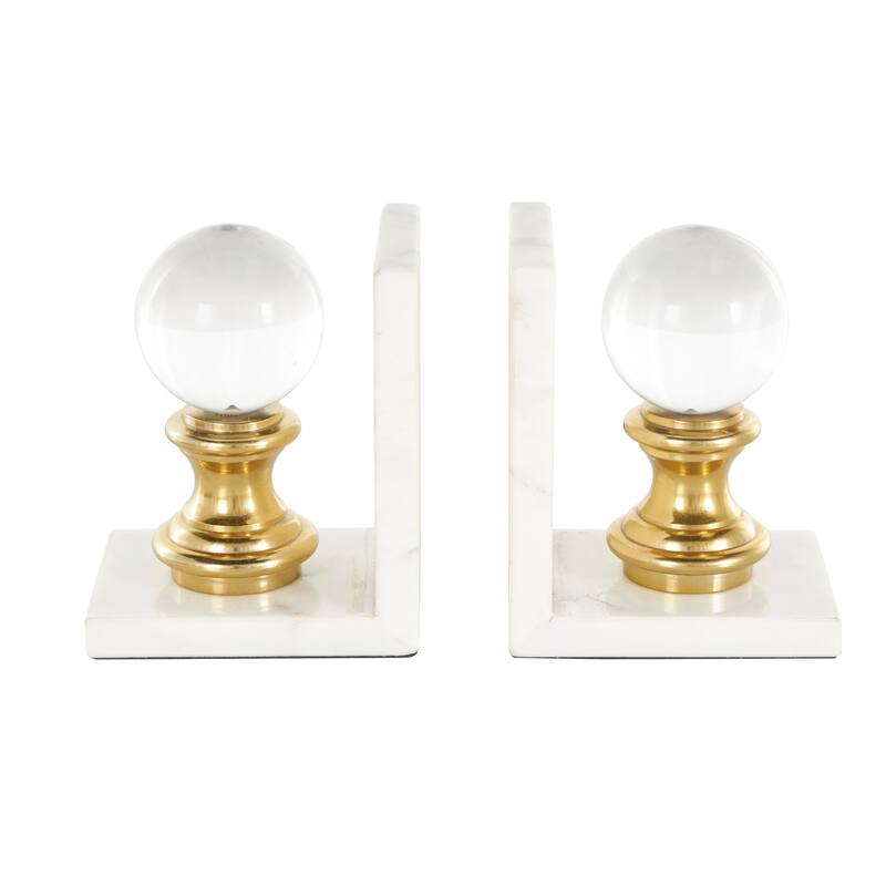 White Marble Decorative Bookends with Glass Orbs and Gold Accents (Set of 2)