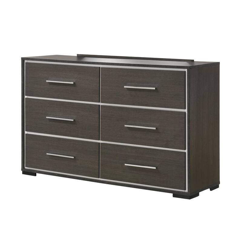 Hez 2pc Dresser and Mirror Set, 6 Drawers, Silver Trim, Modern Dark Brown