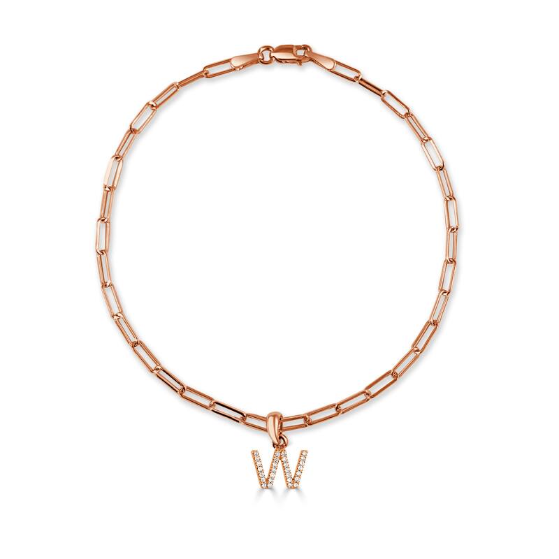 Joelle Collection Diamond Initial Letter A-Z Bracelet Paperclip 14K Gold 7" Chain 1/10 TDW Bracelet - W - Rose