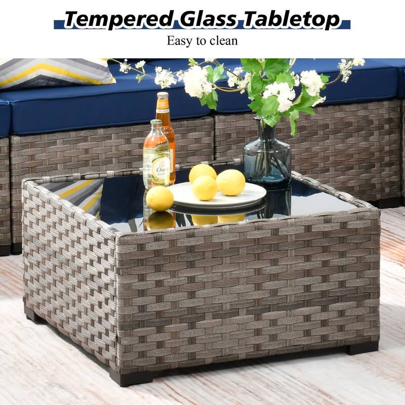 HOOOWOOO 9-piece Wicker Outdoor Modular Wide Armrest Sectional Set Fire Pit Set
