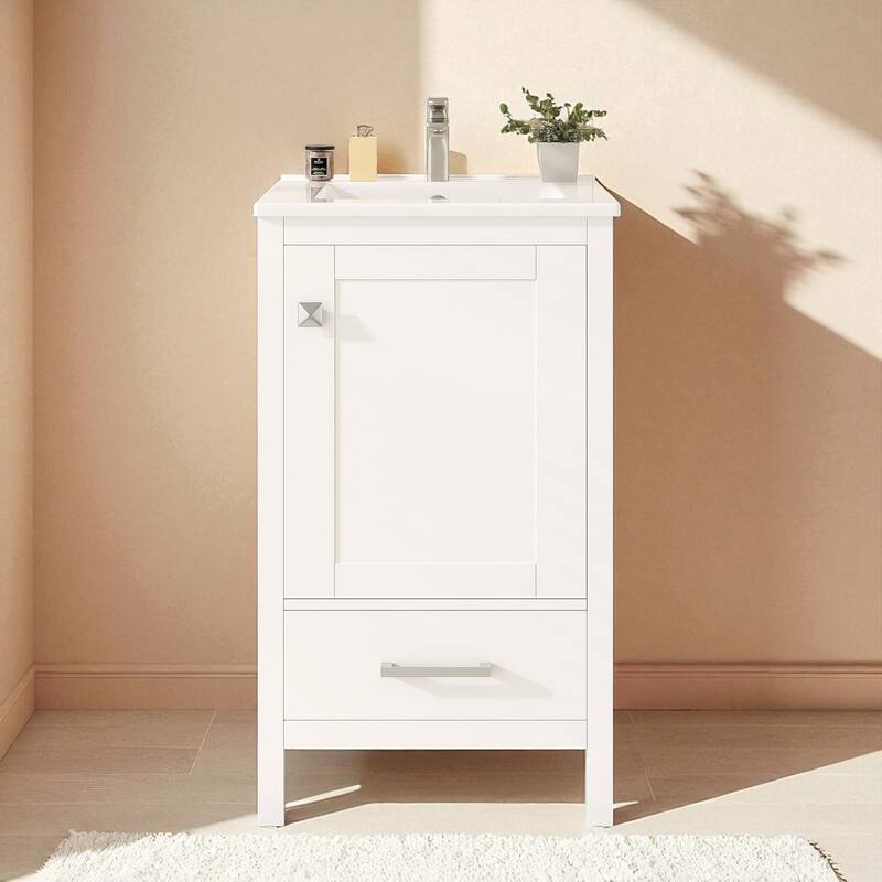 20" Small Bathroom Vanity with Ceramic Sink, Freestanding Storage Cabinet with Soft Close Drawer and Door Organizer - White