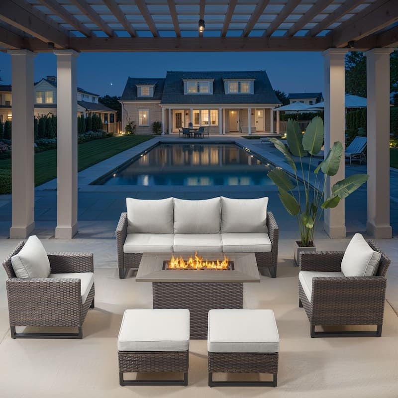 Outdoor Rattan Sofa Chair Ottoman with Fire Table - Beige cushion - Brown - Beige - Brown