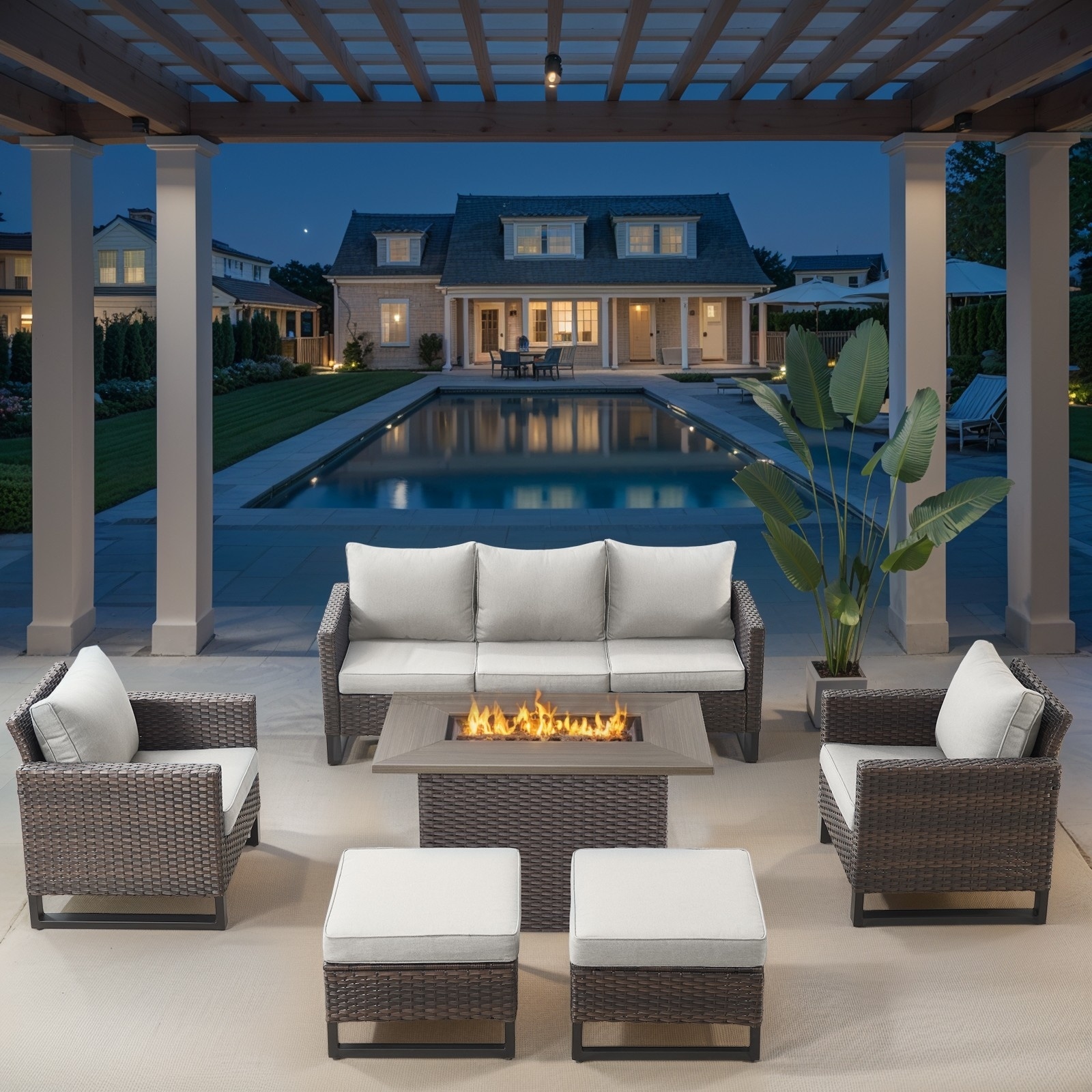 Outdoor Rattan Sofa Chair Ottoman with Fire Table - Beige cushion - Brown