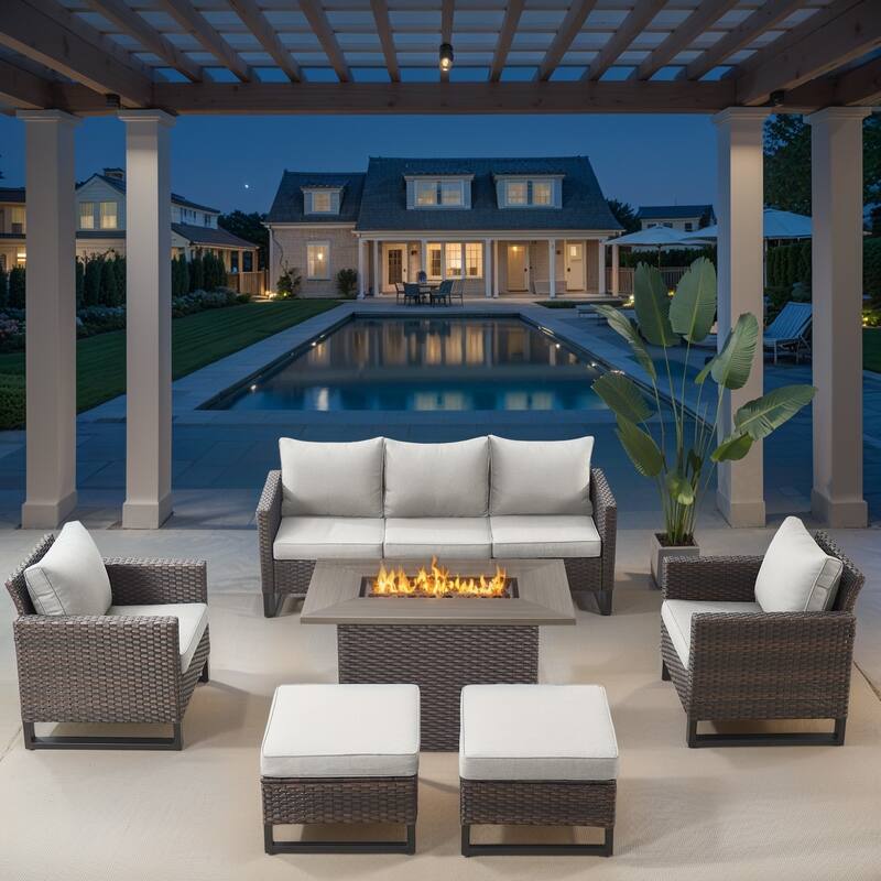Outdoor Wicker Rattan Sofa Chair Ottoman with Fire Table - Beige - Brown