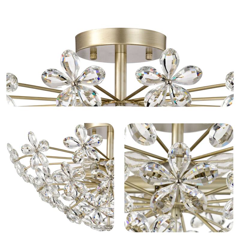 Rosa 6-Light Daisy Flower Crystal Large Size Flush Mount - Brushed Silver-ish Champagne