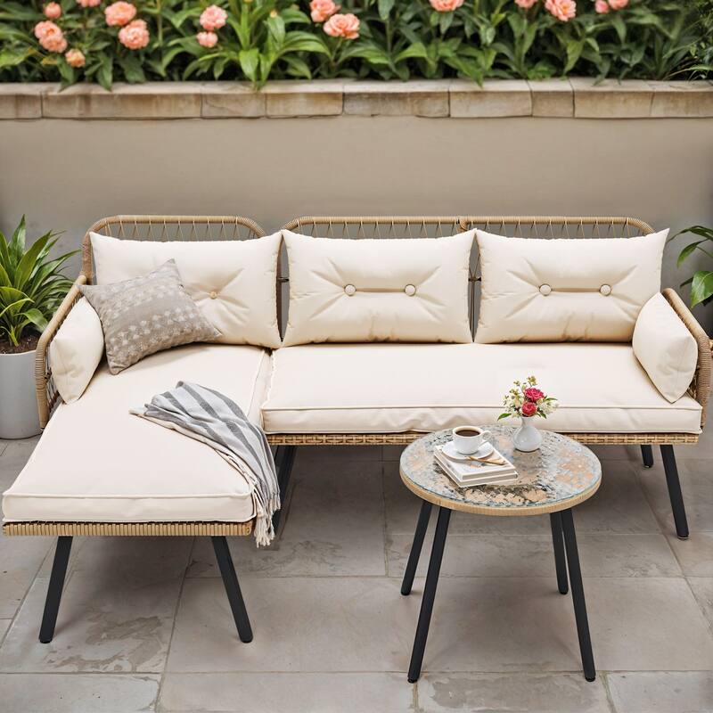 Moasis 3-piece Wicker Patio Furniture Set Rattan Sectional L-Shaped Sofa Detachable with Cushions - 70.5"L x 48.4"W x 32.7"H