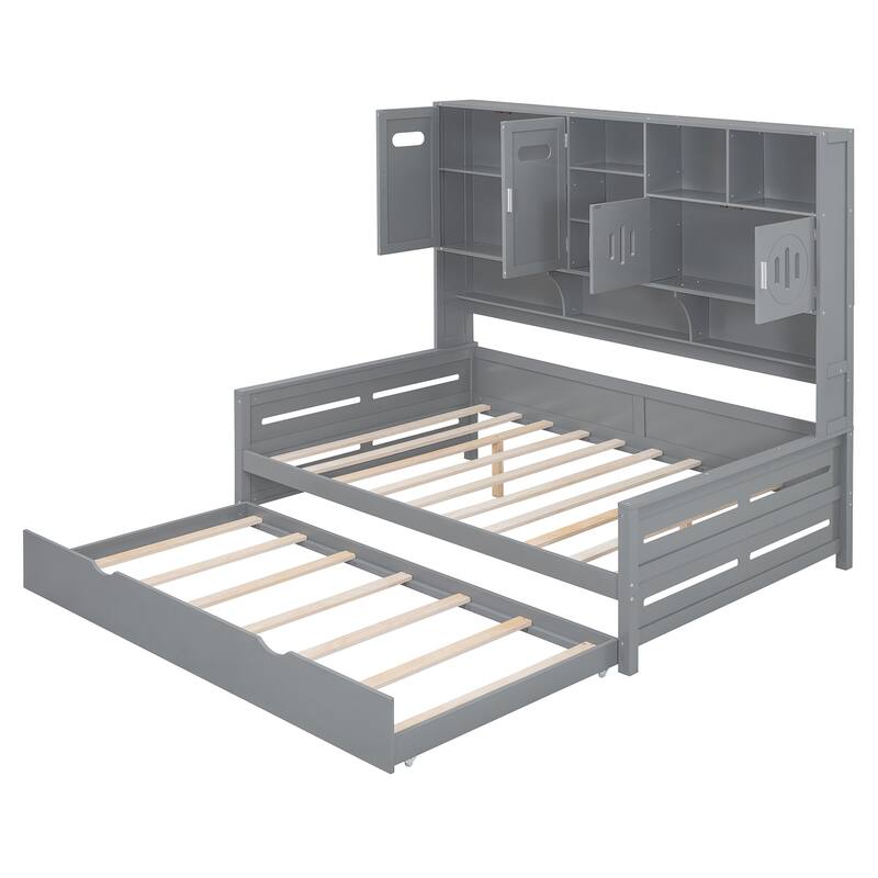 Full Size Wood Daybed with Built-in Storage Cabinet, Open Shelves & Twin Trundle Bed, Space-Saving Multi-Functional Frame