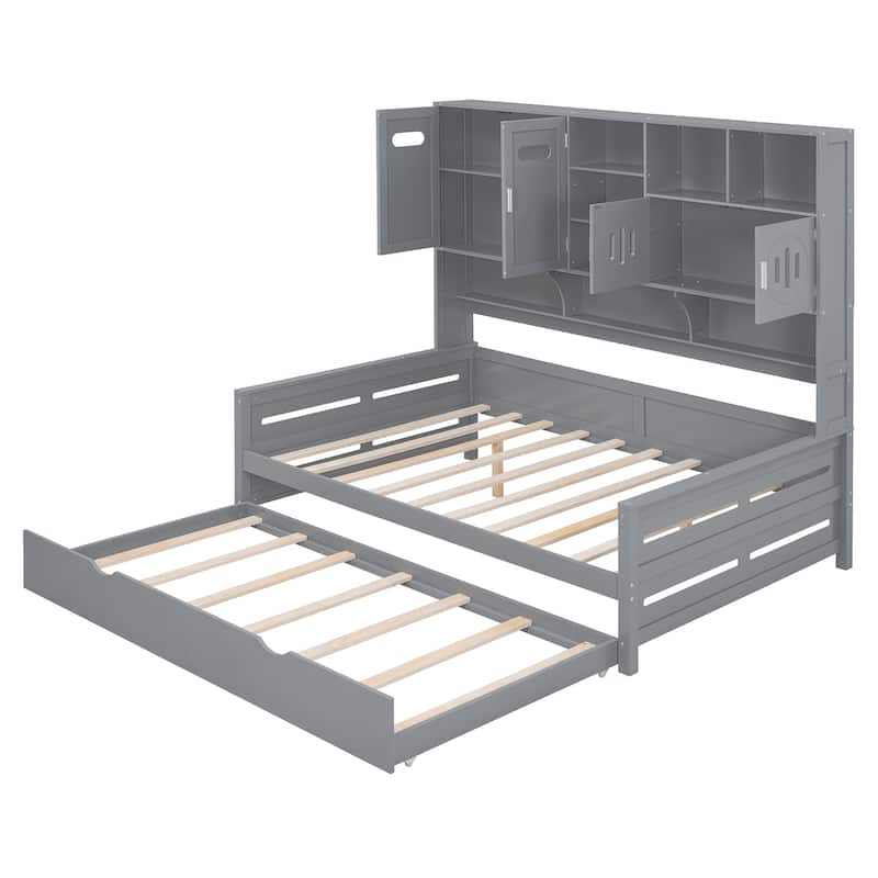 Full Size Wooden Daybed with Twin Trundle, Storage Cabinet & Shelves, Gray