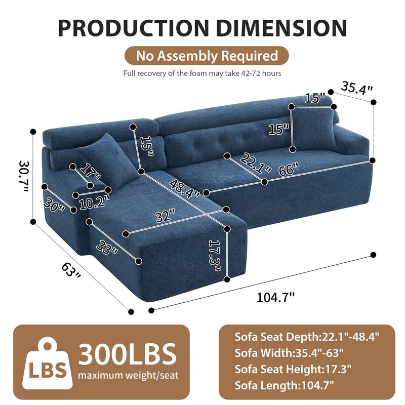 105" Convertible Chaise Sofa with Chenille Plush, Deep Seat - Antique Blue