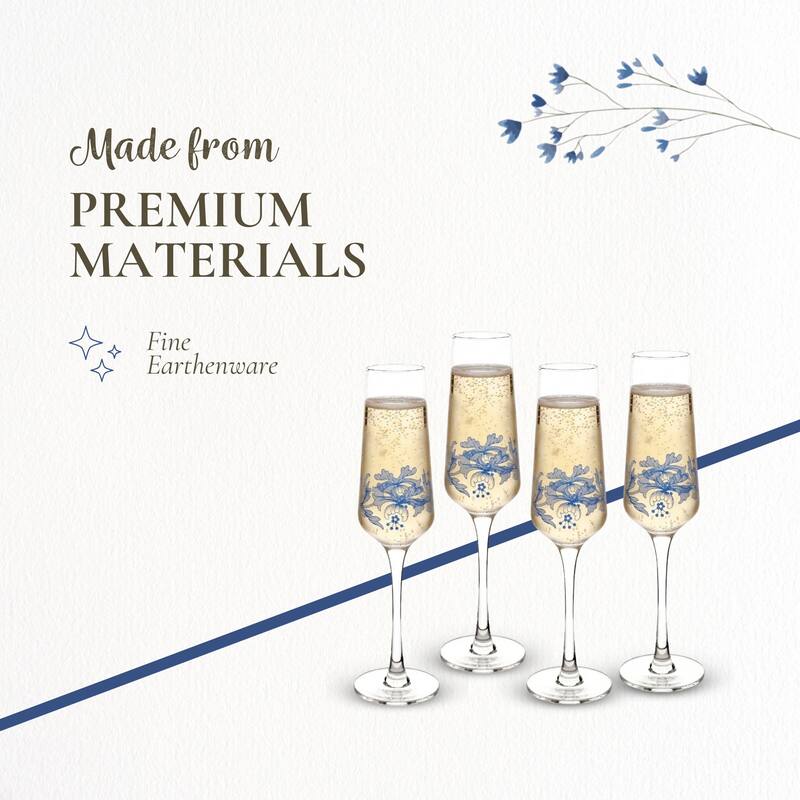Spode Blue Set of 4 Italian Glassware Champagne Flutes - 8 oz