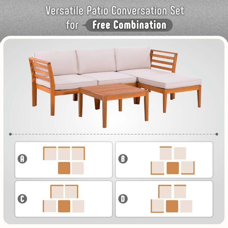 Werph 5 Pieces Outdoor Couch Patio Sectional Sofa with Acacia Wood Coffee Table, L Shape Outdoor Sectional Furniture