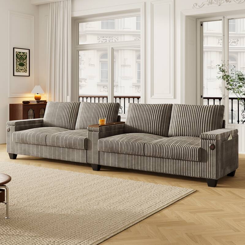 4-seater Brown Corduroy Sofa with Storage, Cup Holders, USB Ports, 133" Length