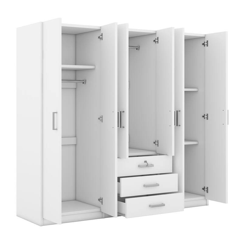 6-Doors Wooden Wardrobe Storage Modern Simple Wardrobe Hidden Wardrobe with Big Drawers and Silver Handles for Cloakroom