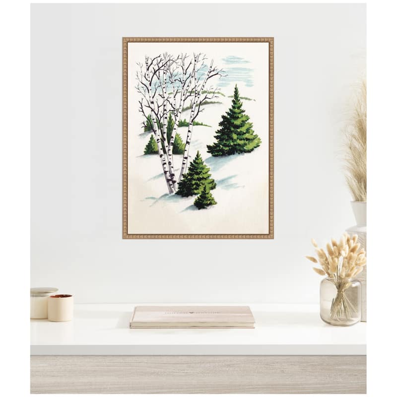Kate and Laurel Sylvie Beaded Christmas Snowy Winter Fir Trees and Birch Trees Framed Canvas by Corinna Buchholz of Piddix
