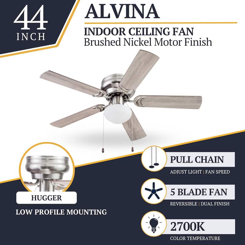 44" Prominence Home Alvina Satin Nickel Traditional Indoor LED Ceiling Fan with Light, Pull Chain