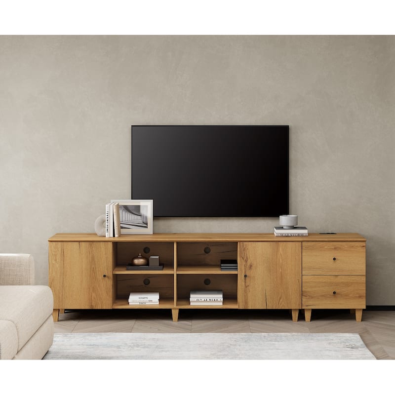 WAMPAT Wood TV Stand with Drawer & Charging Station for 100 Inches TVs - 2 Pieces - Brown