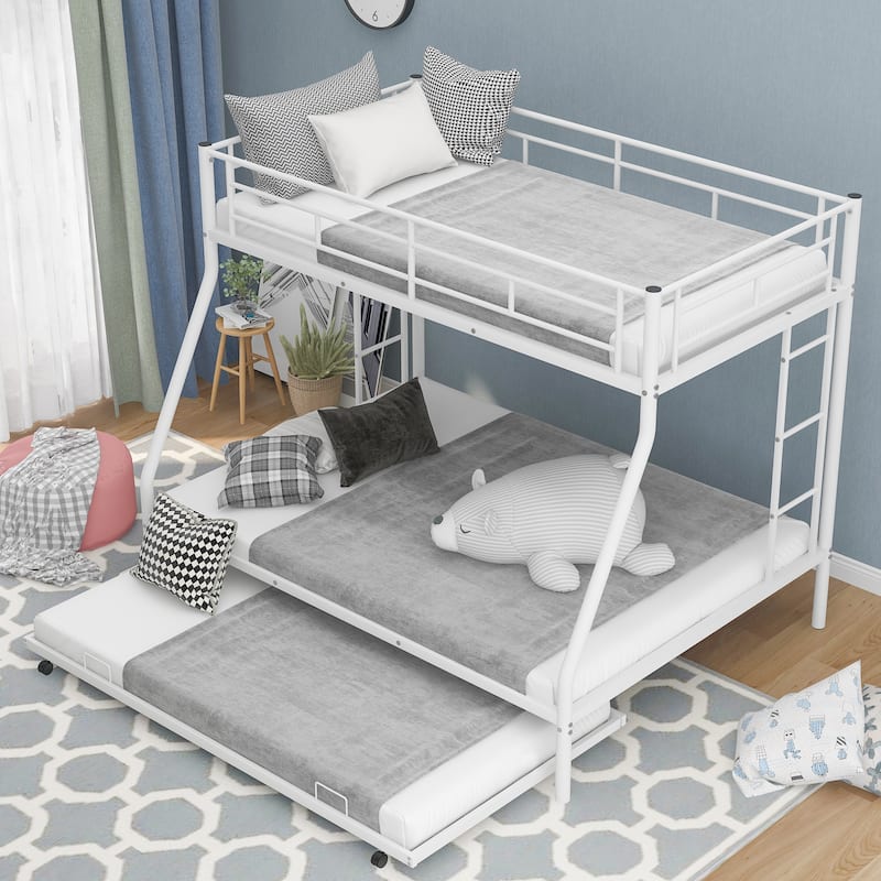 Bed with Sturdy Steel Frame, Bunk Bed with Twin Size Trundle, Two-Side Ladders