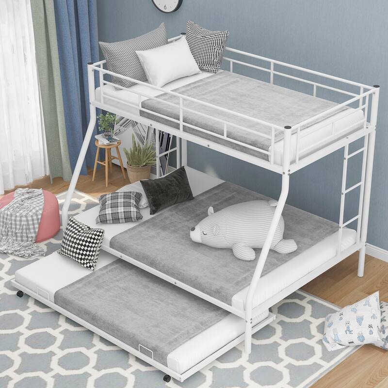 Twin Over Full Metal Bunk Bed with Twin Trundle Sturdy Steel Bunk Beds Frame with 2 Side Ladders, Twin Over Full Triple Bunkbed