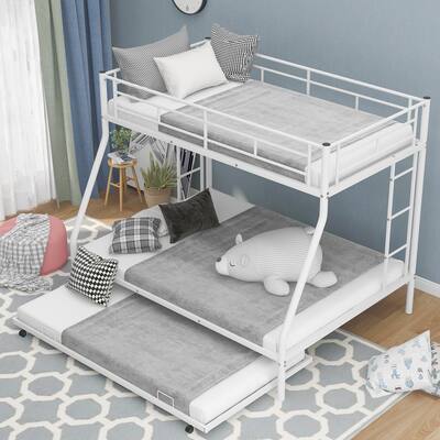 Twin over Full Bunk Bed with Two-Side Ladders, Full-Length Guardrail, Metal Bed Frame w/Twin Size Trundle, No Box Spring Needed
