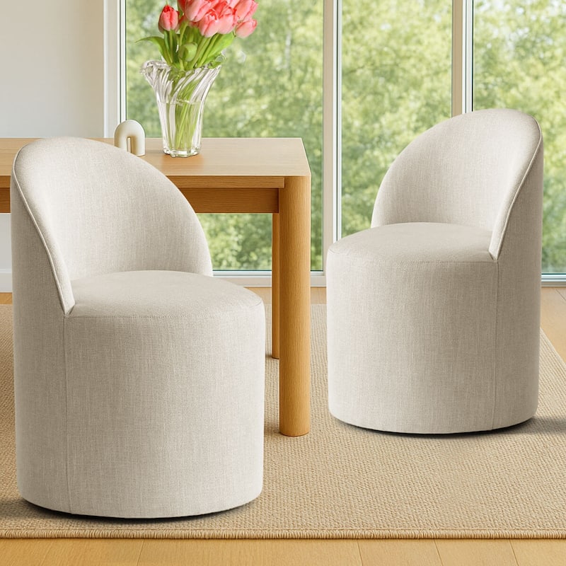 Linen Rolling Upholstered Dining Chair with Wheels (Set of 2)