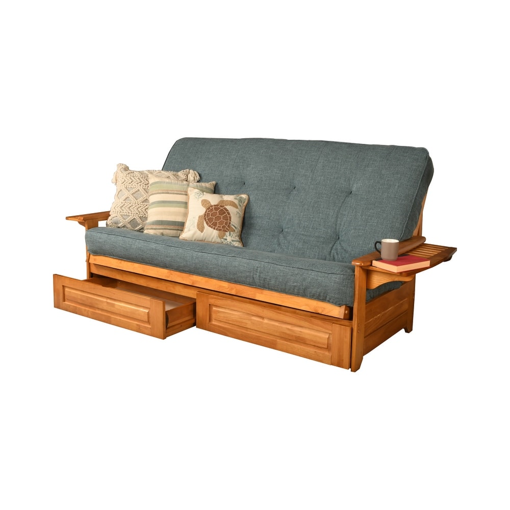 Somette Phoenix Queen-size Storage Futon Set in Butternut Finish with Linen Mattress