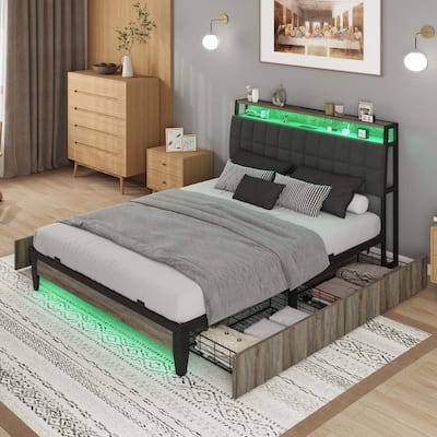 Moasis Rustic Grey Storage Platform Bed Frame with Storage Headboard with Power Outlets and 4 Drawers