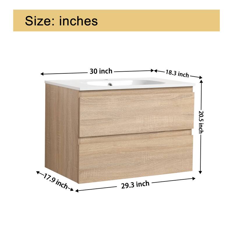 Malwee 24"/30" Floating Bathroom Vanity, Wall Mounted Bathroom Vanity with Resin Sink,2 Soft Close Drawers