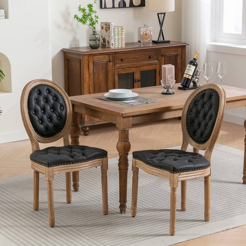 French Style Solid Wood Frame Antique Painting Linen Fabric Back Dining Chair - Black PU