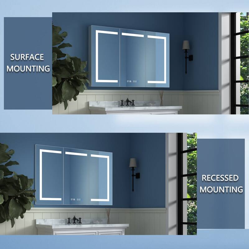 Aluminum Surface/Recessed Mount LED Medicine Cabinet with Mirror, Outlet and Shelves