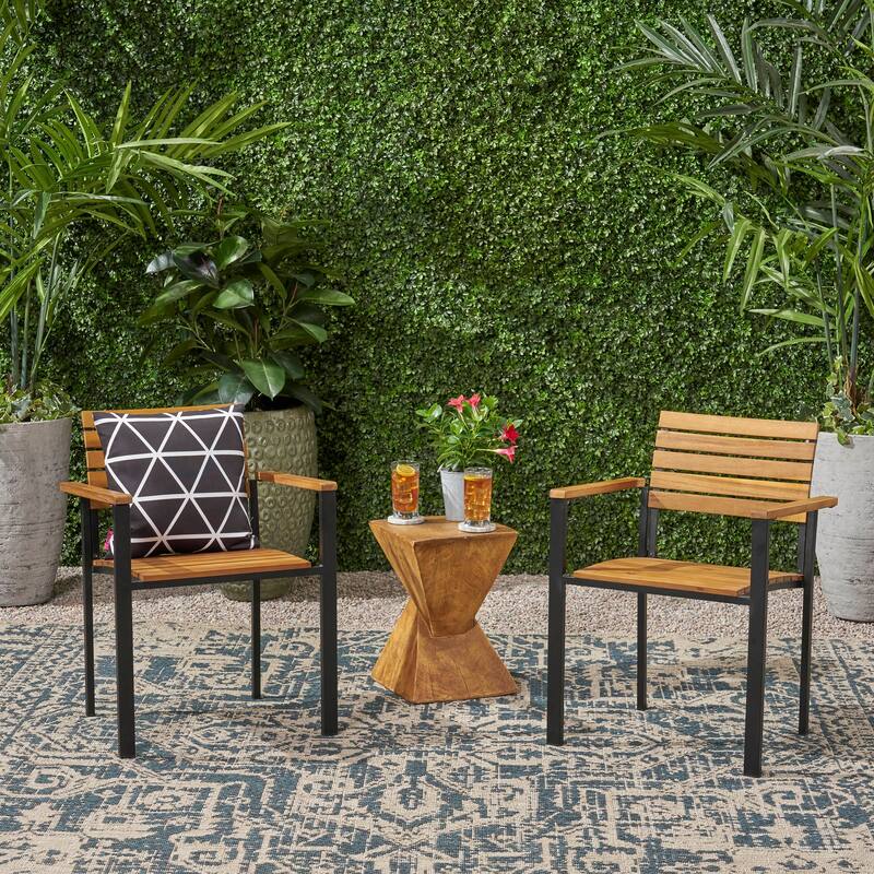 Laris Acacia Wood and Metal Chair Set Teak Black Modern Outdoor Dining Patio Furniture