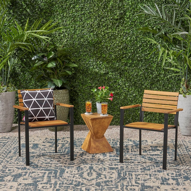 Roomfitters Outdoor Patio Dining Chairs, Wood and Metal Armchairs with Slatted Back for Garden Deck, Teak+ Black
