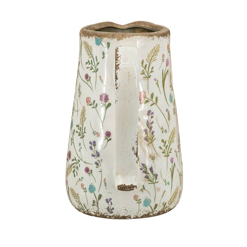 8.1x5.7x9.1" Round Ceramic Pitcher Vase with Multi-Colored Floral Motifs