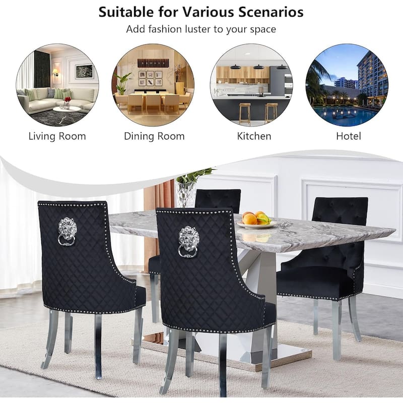 Velvet Dining Chairs Set of 2, Upholstered Tufted Nailhead Dining Room Chairs with Stainless Steel Legs & Lion Head Pull Ring