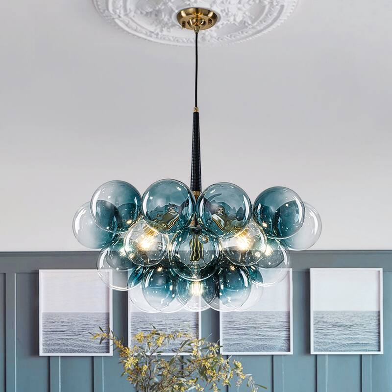 Glam Art Deco Cluster Glass Globe Blue Bubble Chandelier - Gradient Blue Bubbles