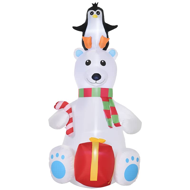 Outsunny 7ft Christmas Inflatable Polar Bear with Penguin on Head with Candy Cane and Gift Box, Blow-Up Outdoor LED Yard
