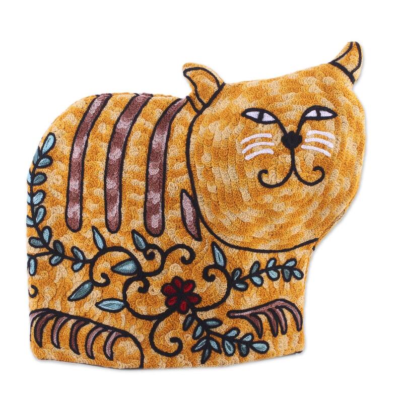 Handmade Delightful Cat In Yellow Wool Tea Cozy (India) - 11.5" L x 13" W